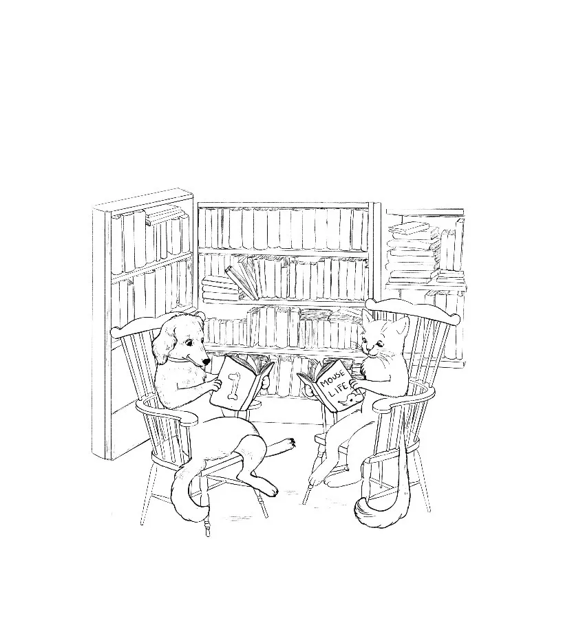 A line drawing of a dog and a cat sitting in Windsor chairs in front of a full bookcase, each reading a book.