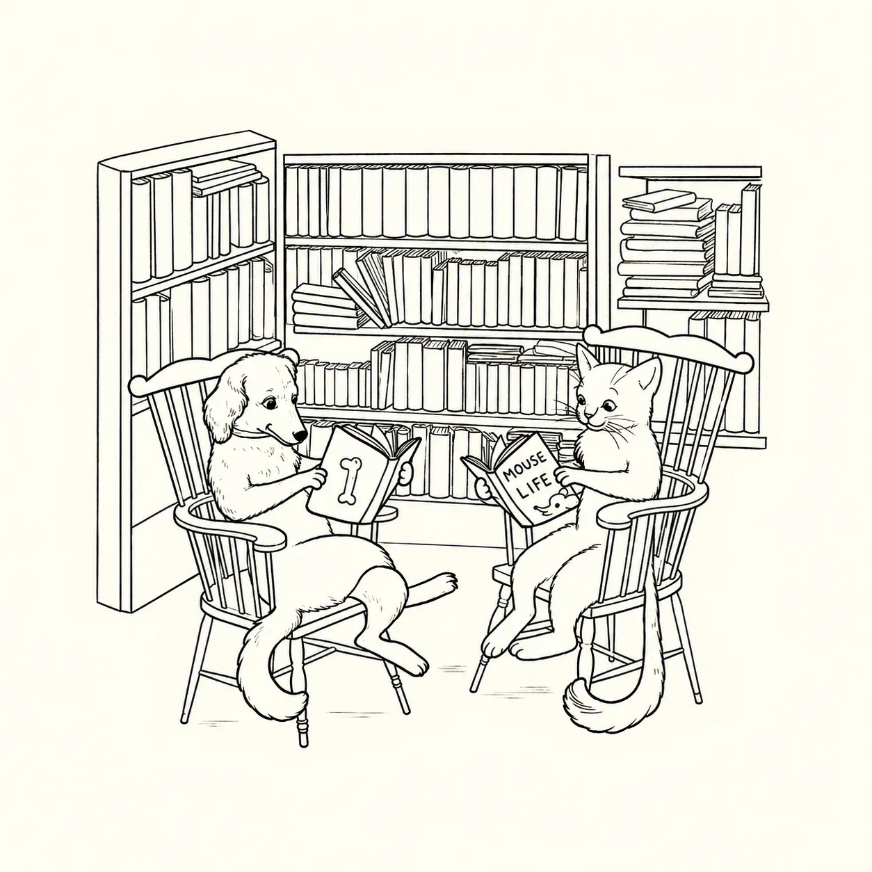 A line drawing of a dog and a cat sitting in Windsor chairs in front of a full bookcase, each reading a book.